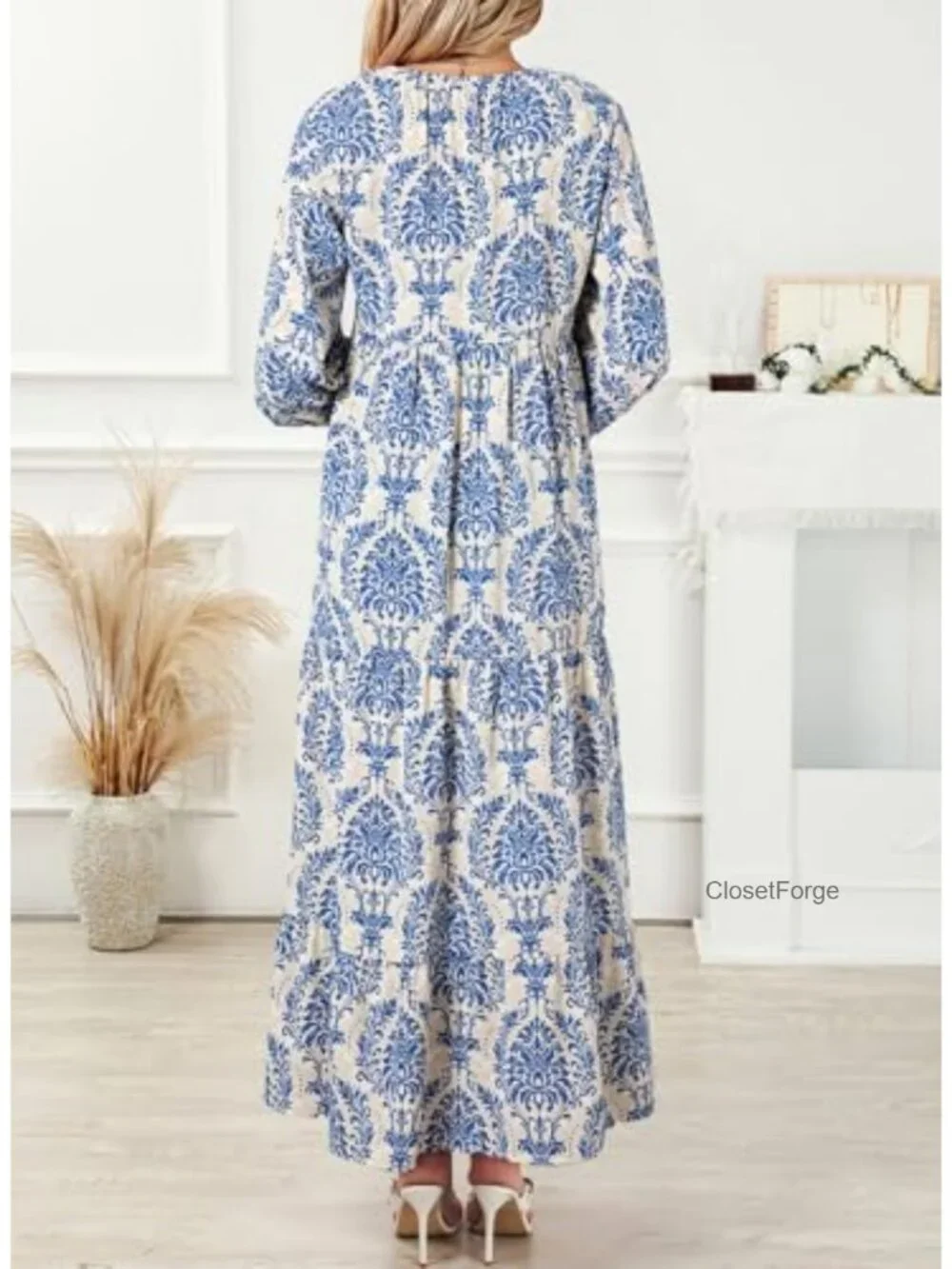 Boho Maxi Dress V Neck Long Puff Sleeve Smocked Ruffle Flowy Casual - Picture 5 of 6